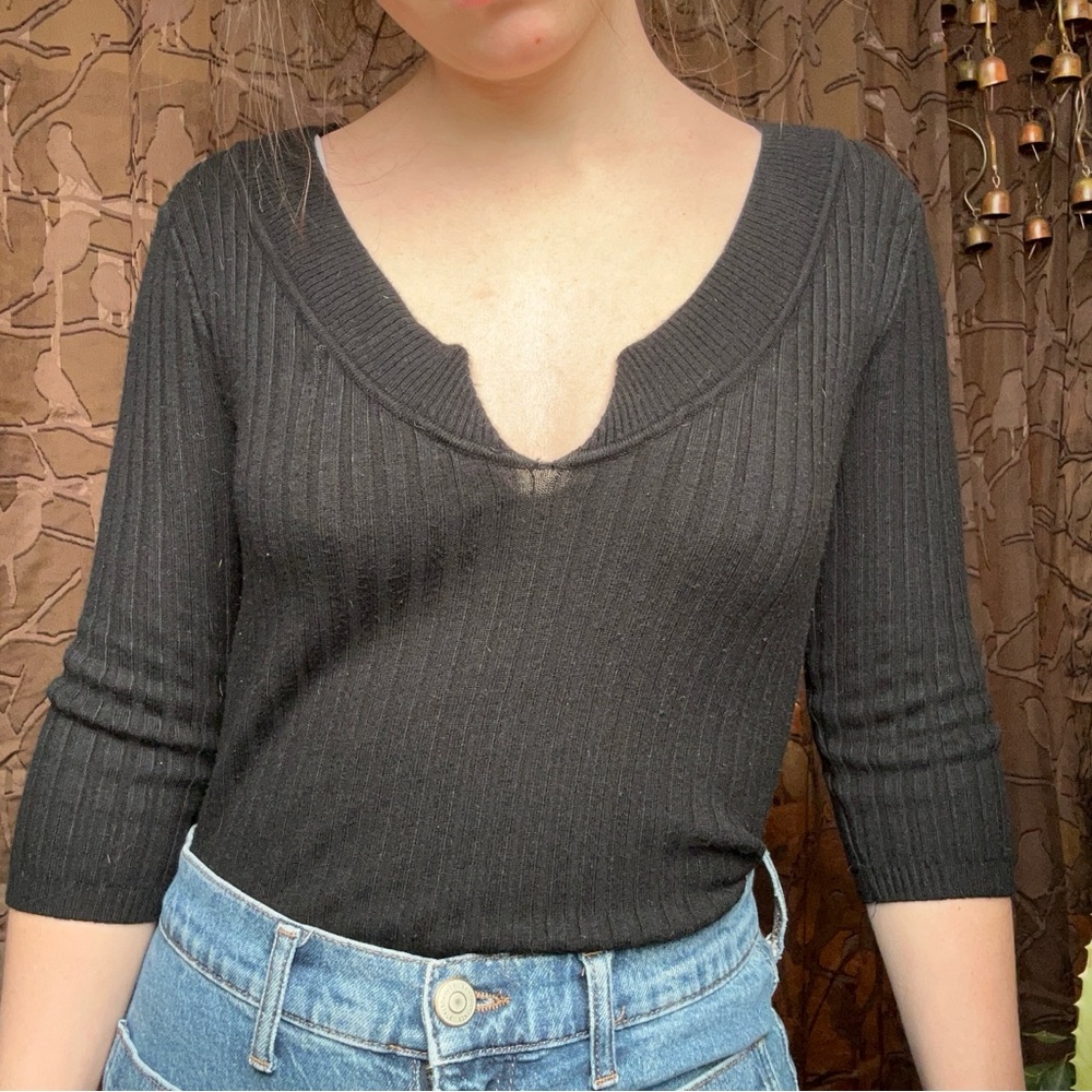 Women's Classic Black Ribbed Sweater Blouse